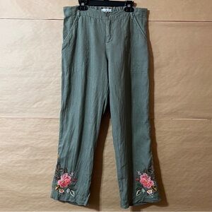 Johnny Was Green Pants with Floral Embroidery